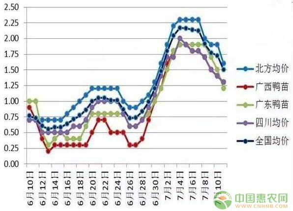 6月10-7月11日<a href='https://www.cnhnb.com/t/62292.html' class='j-href' target='_blank'><span style='color:#FF8001'>肉鸭</span></a>鸭苗均价走势图 