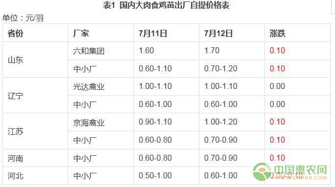 国内大肉鸡鸡苗出厂自提价格表